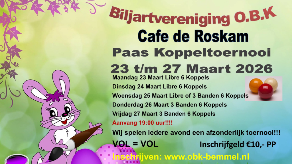 Vierde editie Paaskoppeltoernooi door Bemmelse Biljartvereniging
