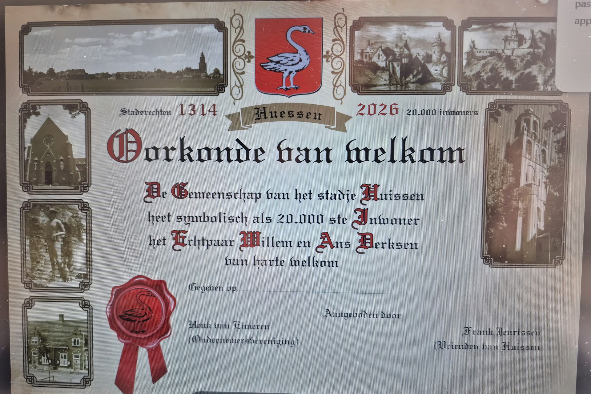 Huissen verwelkomt symbolisch 20.000e inwoner.